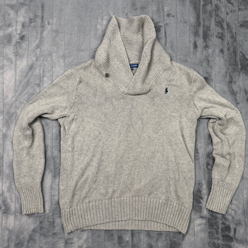 Ralph Lauren Mens XL Shawl Collar Sweater Gray Cotton Knit Pullover 8651